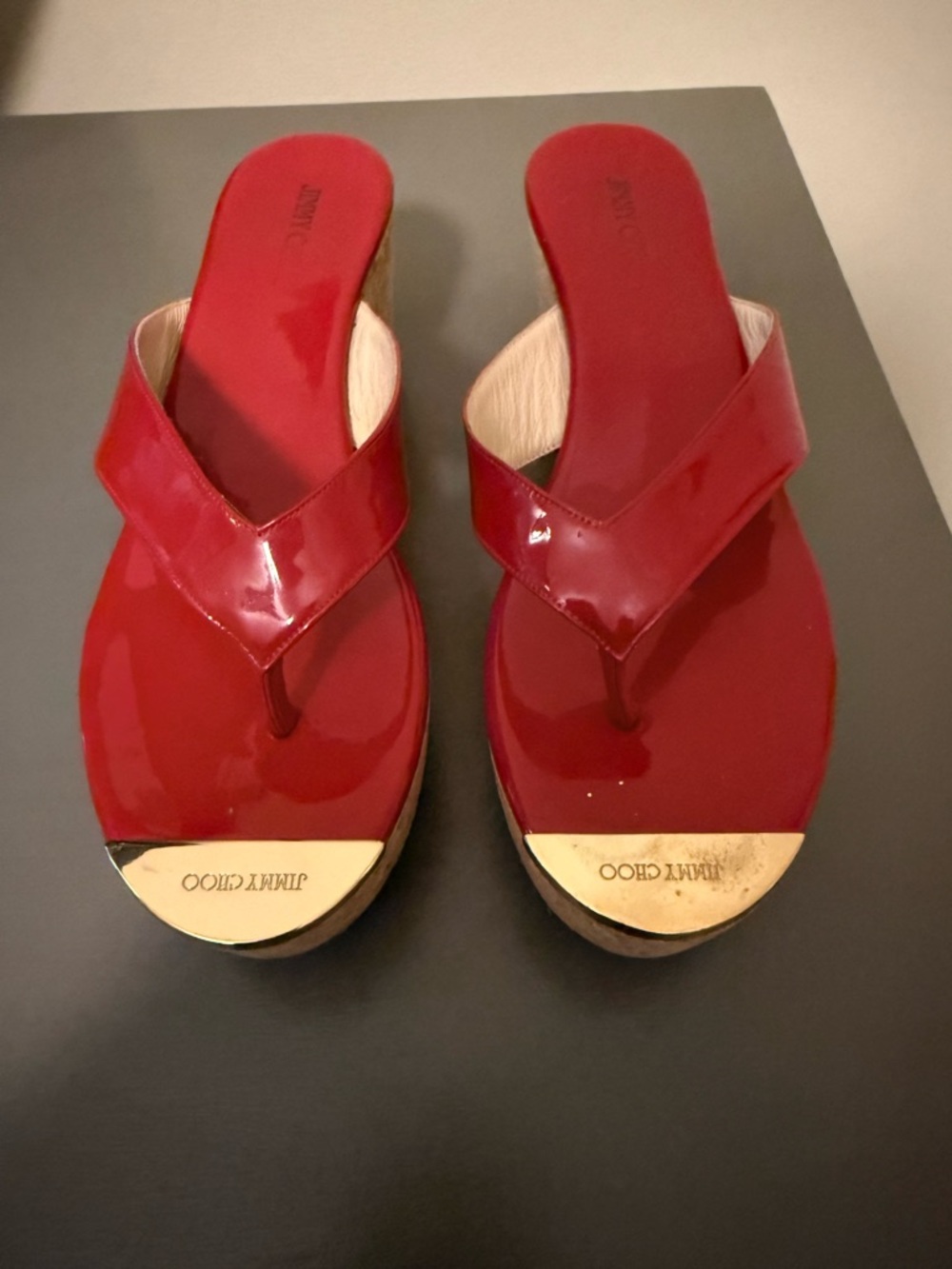 Jimmy Choo Red Patent Leather Platform Thong Mules with Gold Toe Plate